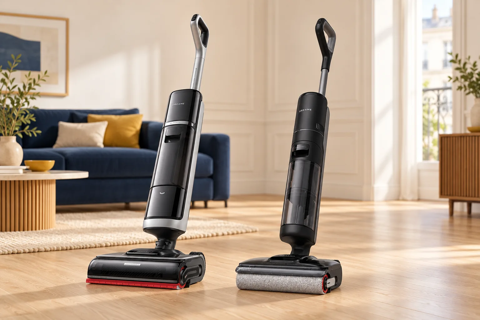 Illustration générée : Dreame H15 Pro à gauche et H12 Pro FlexReach à droite dans un salon lumineux