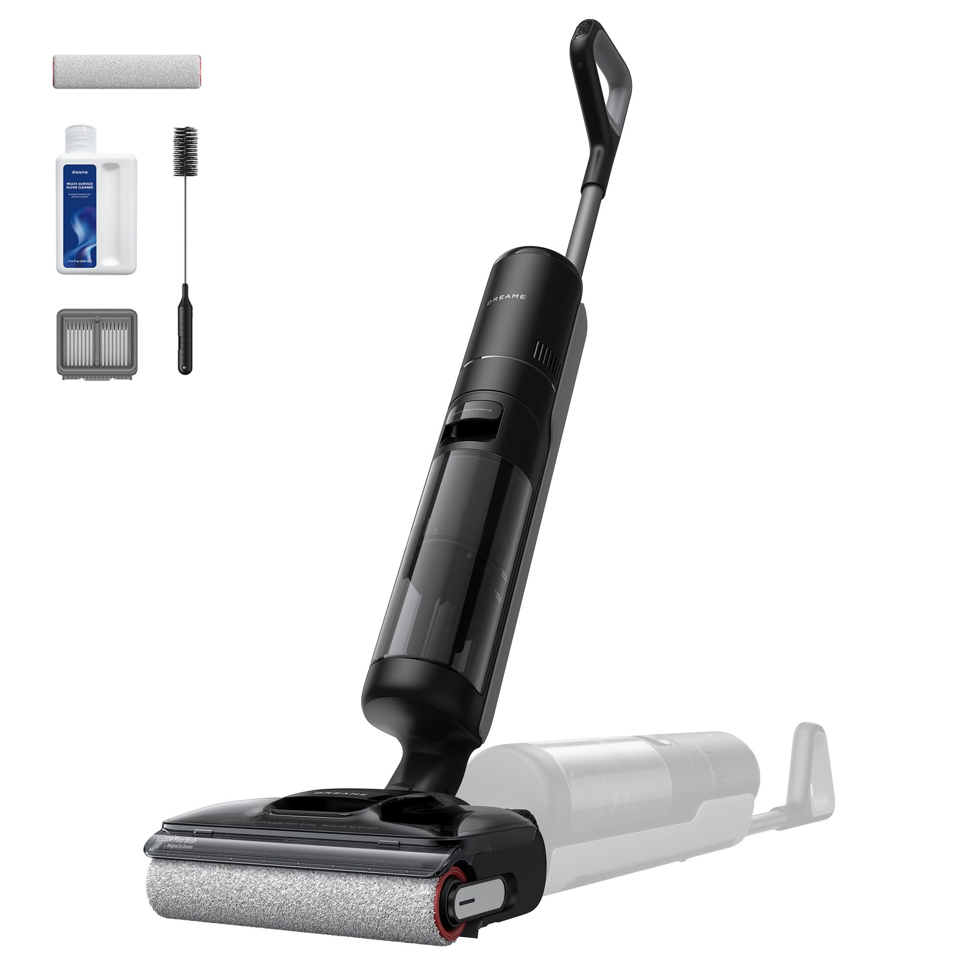 Dreame H12 Pro FlexReach sur fond blanc, avec accessoires et position à plat illustrée