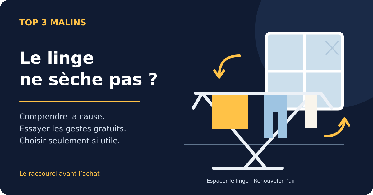Illustration d’un étendoir espacé près d’une fenêtre, avec une flèche représentant le renouvellement de l’air.