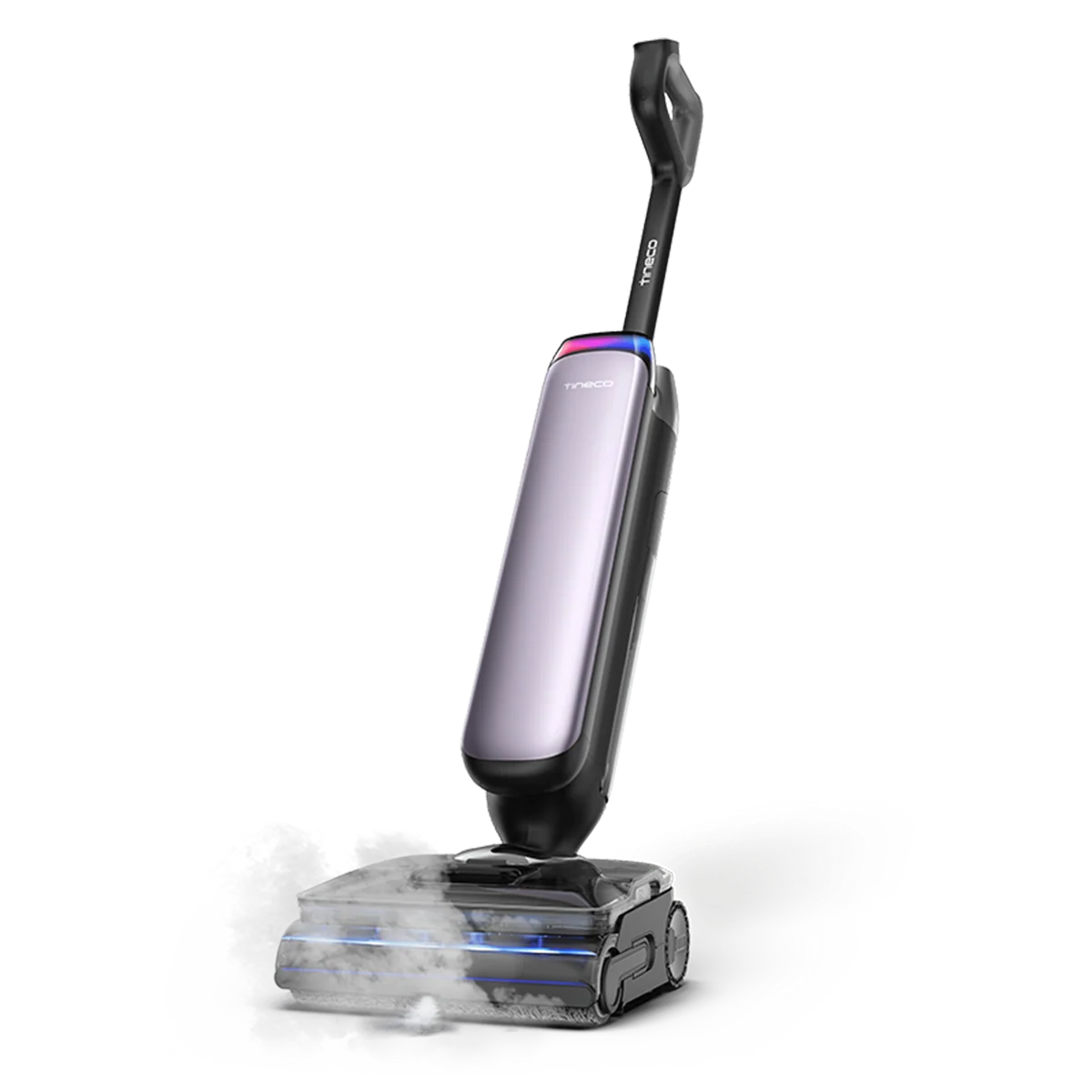 Tineco FLOOR ONE S9 Artist Boost Steam, vue de trois quarts avec vapeur illustrée